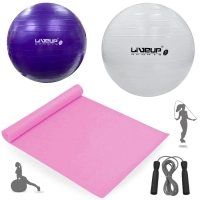 Bola Suica Pilates Branca 65 Cm + Roxa 55cm + Colchonete Rosa 1,73m + Corda de Pular Academia Treino