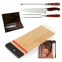 Kit Tabua Retangular Bamboo Corte Carne 48,3 Cm + Conjunto Faca, Garfo e Afiador Churrasco Gourmet