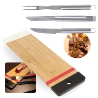 Kit Tabua Retangular Bamboo Funcional 48,3 Cm + Conjunto Faca, Garfo e Afiador Mor Churrasco Gourmet