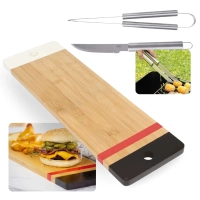 Kit Tabua em Bamboo para Churrasco Cortes 48,3 Cm + Faca e Pegador em Ao Inox Cozinha Utenslios