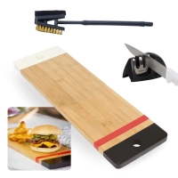Kit Tabua em Bamboo Churrasco 48,3 Cm + Escova Limpa Grill 3 em 1 + Afiador de Facas Corte Cozinha