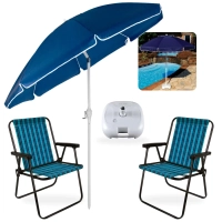 Kit Guarda-sol Articulado 2,50 M com Manivela + 2 Cadeiras de Praia + Base Plastica Piscina e Jardim