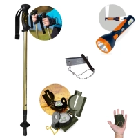 Kit Bssola de Alumnio Camping + Lanterna Recarregvel Trilha + Pederneira Flint + Basto Caminhada