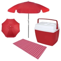 Kit Guarda-sol Vermelho 1,60m + Caixa Trmica 26 L + Esteira 1,80 M