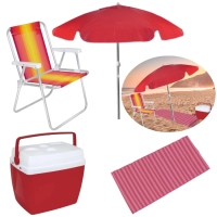Kit Guarda-sol Vermelho 1,60m + Cadeira de Alumnio + Caixa Trmica 34 L + Esteira 1,80 M