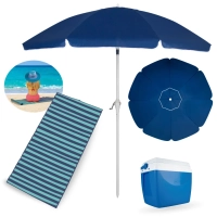 Kit Guarda-sol Articulado Azul 2,50 M Manivela + Caixa Trmica 18 L + Esteira Praia 1,80 M Listras