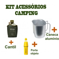 Kit Acessórios Camping com Caneca Aluminio + Cantil + Porta Objeto Impermeável