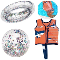 Kit Colete Infantil Laranja Tamanho P/M + Bola e Boia Inflvel com Glitter
