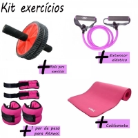Kit Rosa de Exerccios com Extensor Elstico + Roda de Exerccios + Colchonete + 1 Par de Peso