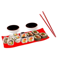 Conjunto Prato e Molheira para Sushi + 1 Par de Hashi Vermelho Decorado