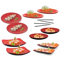 Kit 12 Peas para Sushi, Pratos e Travessas Vermelha + Hashis
