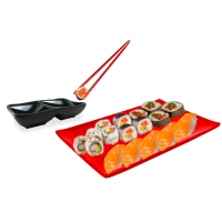 Kit para Sushi Prato + Molheira com Divisria+ 1 Par de Hashi Vermelho Decorado