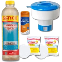 Kit 50 Fitas Avaliar 3 em 1 Cloro, Ph e Alcalinidade + Clarificante + Clorador Grande + 2 Pastilhas de Cloro