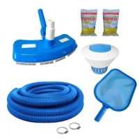 Kit Limpeza Piscina Aspirador + Peneira + Flutuador + Pastilhas Cloro e Mangueira 6 Mts
