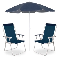 Kit Guarda Sol 2 Mts + 2 Cadeiras de Praia Alta Alumnio Sannet Azul