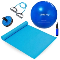 Kit Colchonete Tapete Yoga + Bola de Pilates 65 Cm + Roda Abdominal + Extensor Forte + Mini Bomba