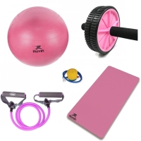 Kit Pilates Bola 55cm + Colchonete Rosa + Extensor Elastico + Roda Exercicio