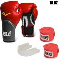 Kit Boxe Everlast com Luva pro Style 16 Oz Vermelha + Protetor Bucal + 2 Bandagens
