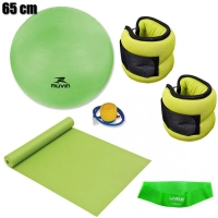 Kit Pilates 4 Peas Verde com Bola 65cm + Colchonete + Mini Band + Par de Caneleira