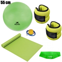 Kit Pilates 4 Peas Verde com Bola 55cm + Colchonete + Mini Band + Par de Caneleira
