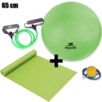 Kit Pilates com Bola Sua 65 Cm + Bomba + Extensor Medio e Colchonete Verde