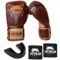 Kit Luva de Boxe 14 Oz Marrom Venum + Protetor Bucal + 2 Bandagens 4 M