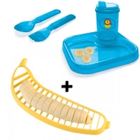 Kit Infantil Azul com Prato e Copo + Garfo e Faca + Fatiador de Banana