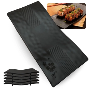Kit 5 Travessas Retangulares Curvada 28 Cm Kanpai Preta para Restaurante Japons Sushi Melamina Premium