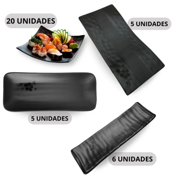 Kit com 36 Peas Pratos / Travessas para Buffet Sushi Melamina Kanpai Comida Japonesa