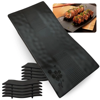Kit 10 Travessas Retangulares Curvada 28 Cm Kanpai Preta para Restaurante Japons Sushi Melamina Premium