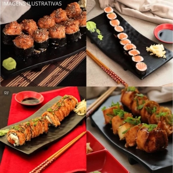 Kit 20 Travessas Retangulares Curvada 28 Cm Kanpai Preta para Restaurante Japons Sushi Melamina Premium