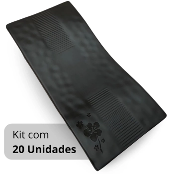 Kit 20 Travessas Retangulares Curvada 28 Cm Kanpai Preta para Restaurante Japons Sushi Melamina Premium