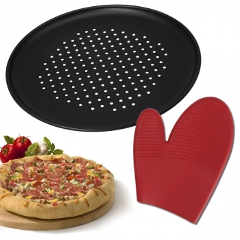 Kit Forma de Pizza Antiaderente + Cortador + Luva Silicone Vermelha
