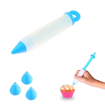 Kit 18 Forminhas Silicone + Bisnaga Caneta Decoradora Azul para Bolos e Cupcakes