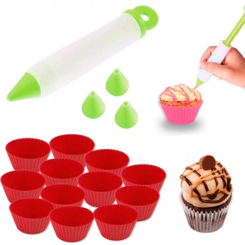 Kit 12 Forminha Silicone + Bisnaga Caneta para Decorao Verde para Bolos e Cupcakes
