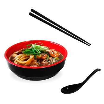 Kit para Sopa Japonesa com Tigela 450 Ml + Colher Melamina + Par de Hashi Preto