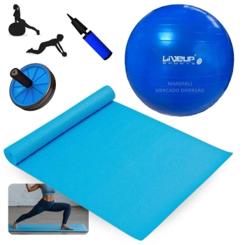 Kit Colchonete Tapete Yoga + Bola de Pilates 65 Cm + Roda Abdominal + Mini Bomba