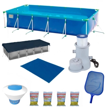 Kit Piscina 10.000 L + Capa + Forro + Filtro 220v + Cloro + Peneira + Flutuador