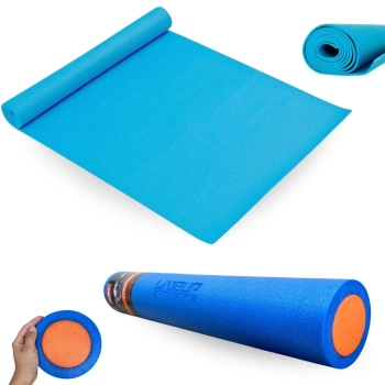 Kit Colchonete Tapete 1,75m Eva Azul + Rolo Pilates 90cm para Exerccios Alongamento e Equilbrio