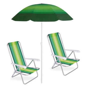 Kit 2 Cadeiras de Praia em Alumnio 4 Posies Piscina + Guarda Sol Fps 70 1,50 M Parque Piquinique