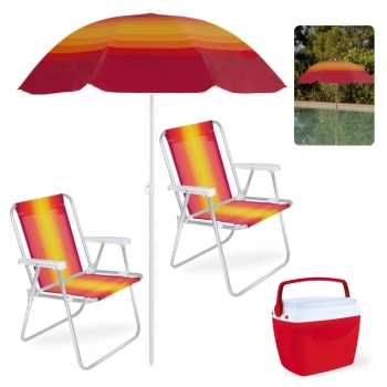 Kit Guarda Sol Fashion Fps 70 1,50 M + 2 Cadeiras de Praia Alta Alumnio + Caixa Trmica 18 L Pesca