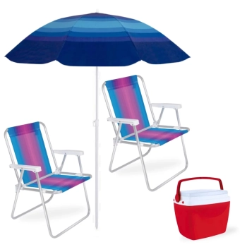 Kit Guarda Sol Fashion Fps 70 1,50 M + 2 Cadeiras de Praia Alta Alumnio + Caixa Trmica 18 L Pesca