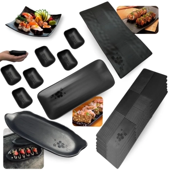 Kit 16 Travessas Retangulares Curvada 28 Cm Kanpai Preta para Restaurante Japons Sushi Melamina Premium