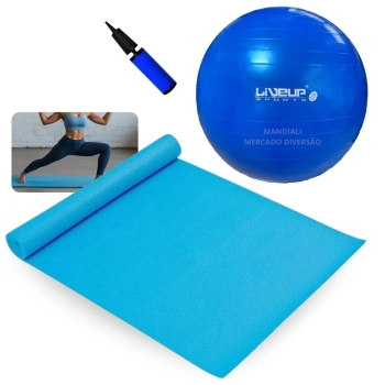 Kit Colchonete Tapete em Eva Azul + Bola Suia 65 Cm + Mini Bomba para Exercicios Pilates Ginastica