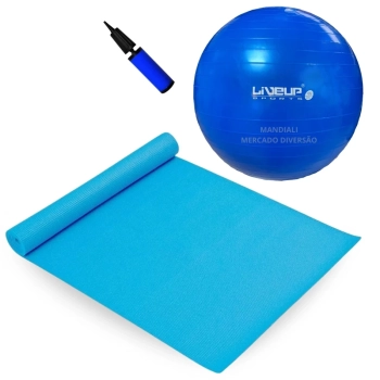 Kit Colchonete Tapete em Eva Azul + Bola Suia 65 Cm + Mini Bomba para Exercicios Pilates Ginastica