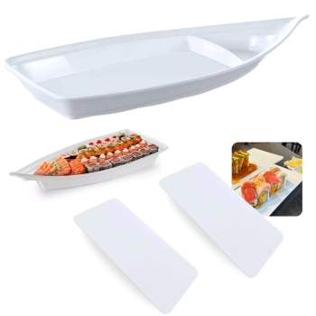 Kit Barca 58 Cm + 2 Pratos Retos para Sushi Buffet Comida Japonesa em Melamina Branca