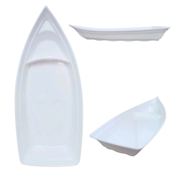 Kit Barca 58 Cm + 2 Pratos Retos para Sushi Buffet Comida Japonesa em Melamina Branca