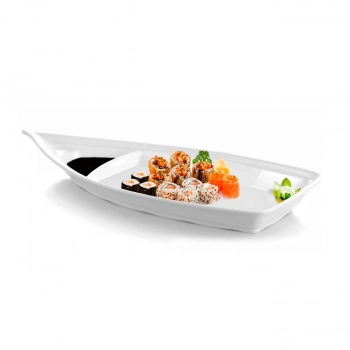 Kit Barca 40 Cm + 2 Pratos Reto para Sushi em Melamina Branco