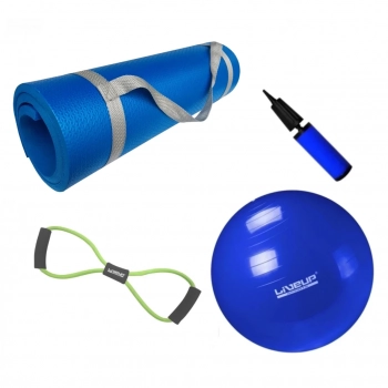 Kit Bola 65cm Pilates + Tapete Eva 1m Azul + Extensor Tenso Media
