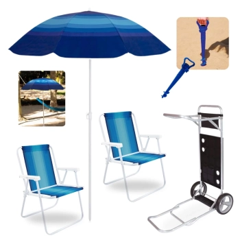 Kit Carrinho de Praia com Avano + 2 Cadeiras de Praia + Guarda Sol Fps 70 1,50m + Saca Areia Jardim